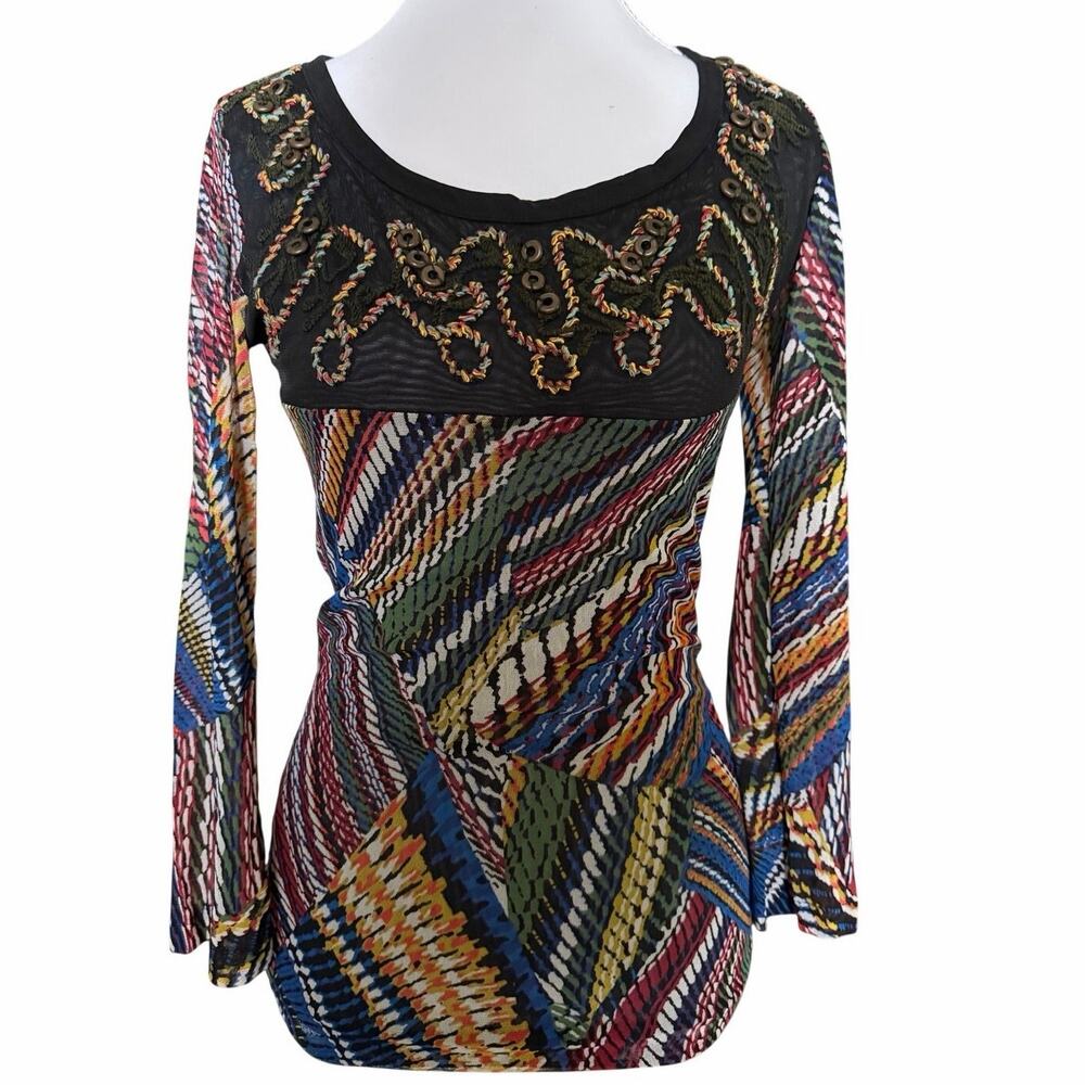 Save The Queen Mesh Top Multicolor Patchwork Print Sheer Y2K Boho Fairy S